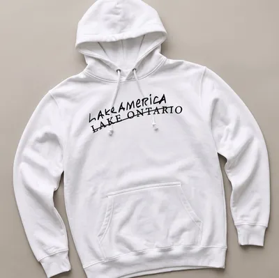 Handwritten style graphic of Lake America Lake Ontario sign in black. — printed on a unisex hoodie