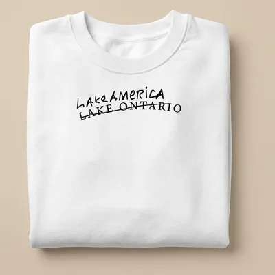 Handwritten style graphic of Lake America Lake Ontario sign in black. — printed on a unisex sweatshirt