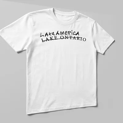 Handwritten style graphic of Lake America Lake Ontario sign in black. — printed on a unisex t-shirt (angled view)