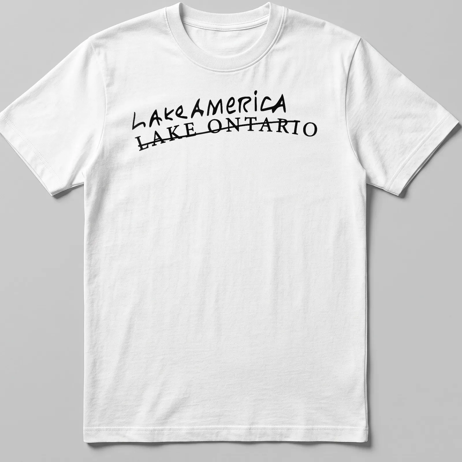 Handwritten style graphic of Lake America Lake Ontario sign in black. — printed on a unisex t-shirt