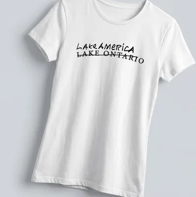 Handwritten style graphic of Lake America Lake Ontario sign in black. — printed on a women's shirt