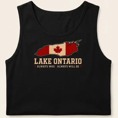 Retro distressed graphic of Lake Ontario with Canadian flag and maple leaf — printed on a tank top