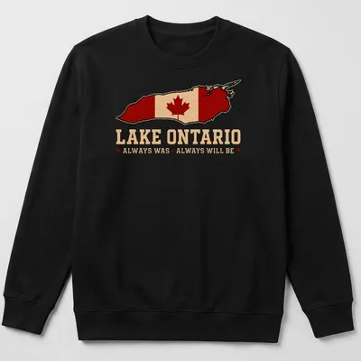 Retro distressed graphic of Lake Ontario with Canadian flag and maple leaf — printed on a unisex sweatshirt