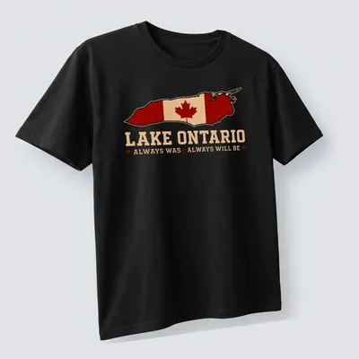 Retro distressed graphic of Lake Ontario with Canadian flag and maple leaf — printed on a unisex t-shirt (angled view)