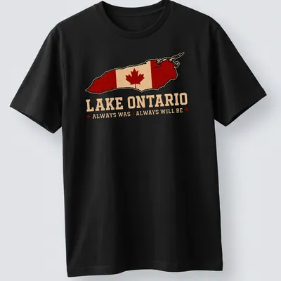 Retro distressed graphic of Lake Ontario with Canadian flag and maple leaf — printed on a unisex t-shirt