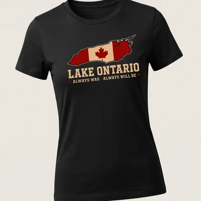 Retro distressed graphic of Lake Ontario with Canadian flag and maple leaf — printed on a women's shirt