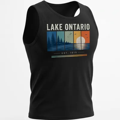 Vintage landscape Lake Ontario t-shirt with sunset reflection and trees design. — printed on a tank top
