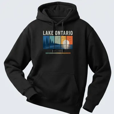 Vintage landscape Lake Ontario t-shirt with sunset reflection and trees design. — printed on a unisex hoodie