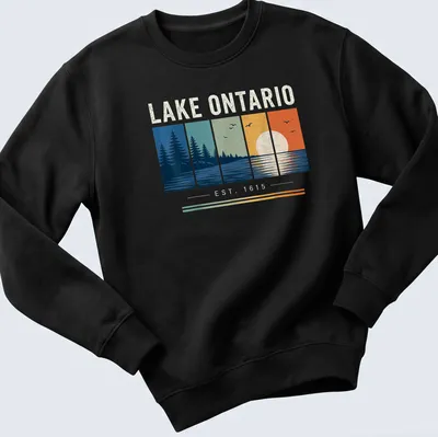Vintage landscape Lake Ontario t-shirt with sunset reflection and trees design. — printed on a unisex sweatshirt