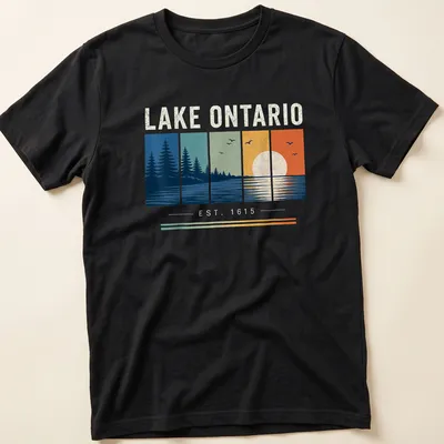 Vintage landscape Lake Ontario t-shirt with sunset reflection and trees design.