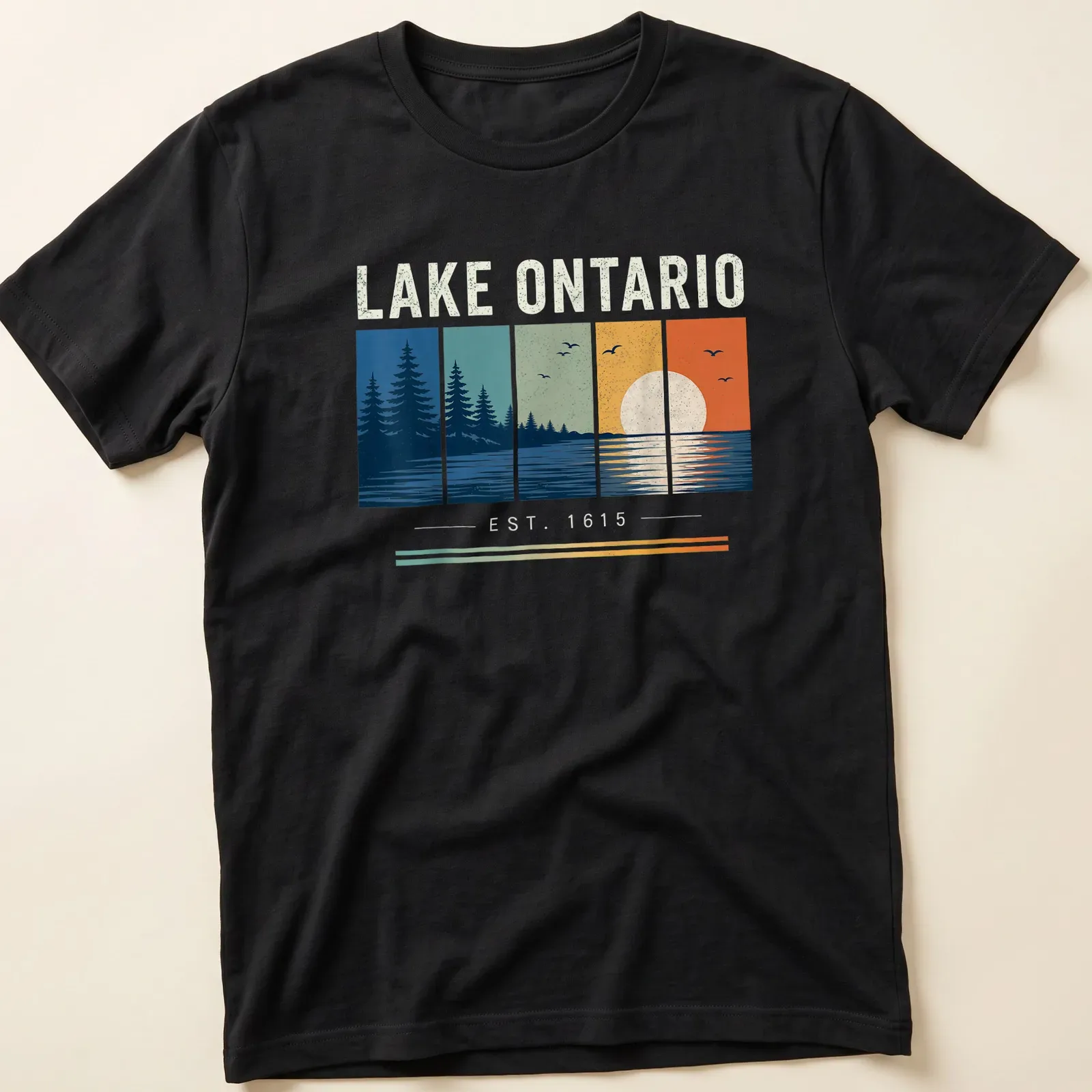 Vintage landscape Lake Ontario t-shirt with sunset reflection and trees design. — printed on a unisex t-shirt