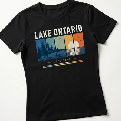 Vintage landscape Lake Ontario t-shirt with sunset reflection and trees design. — printed on a women's shirt