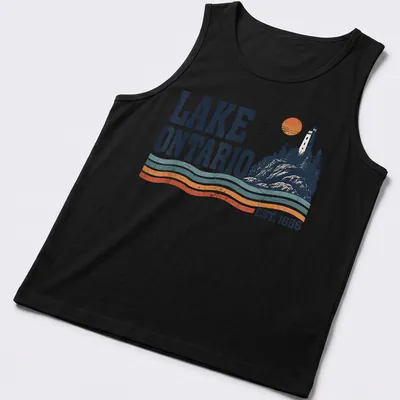 Retro lighthouse sunset illustration on Lake Ontario shirt with navy blue and orange colors. — printed on a tank top
