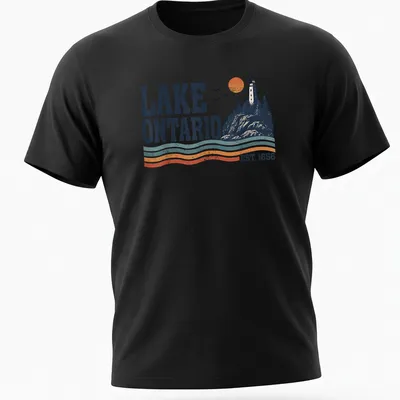 Retro lighthouse sunset illustration on Lake Ontario shirt with navy blue and orange colors. — printed on a unisex t-shirt