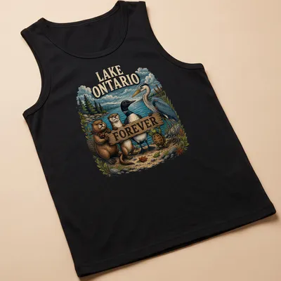 Vintage illustration of Lake Ontario wildlife including beaver, otter, loon, heron, and turtle. — printed on a tank top