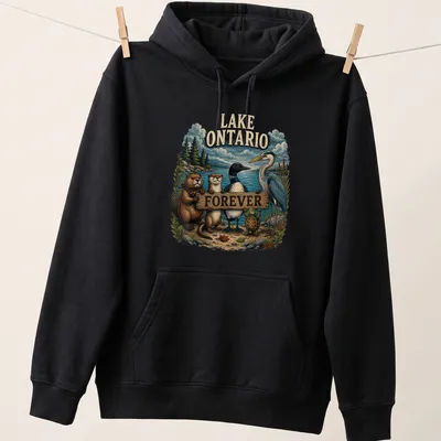 Vintage illustration of Lake Ontario wildlife including beaver, otter, loon, heron, and turtle. — printed on a unisex hoodie