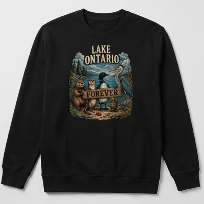 Vintage illustration of Lake Ontario wildlife including beaver, otter, loon, heron, and turtle. — printed on a unisex sweatshirt