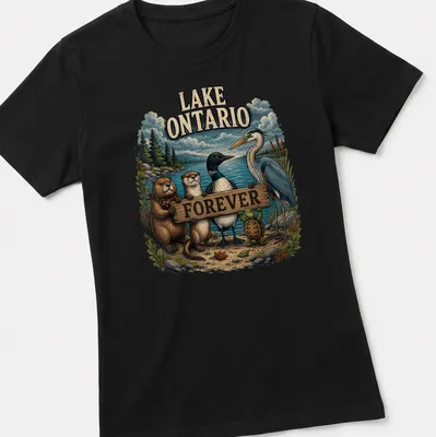 Vintage illustration of Lake Ontario wildlife including beaver, otter, loon, heron, and turtle. — printed on a women's shirt