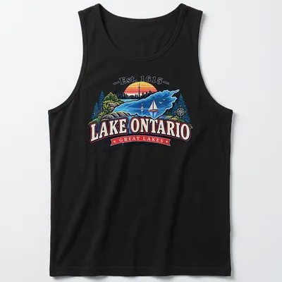 Vintage sunset Lake Ontario T-shirt with Est. 1615 text — printed on a tank top