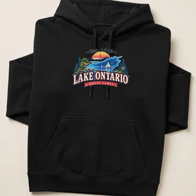 Vintage sunset Lake Ontario T-shirt with Est. 1615 text — printed on a unisex hoodie