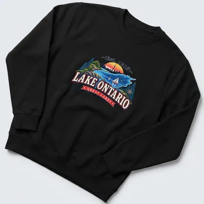 Vintage sunset Lake Ontario T-shirt with Est. 1615 text — printed on a unisex sweatshirt