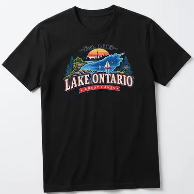 Vintage sunset Lake Ontario T-shirt with Est. 1615 text