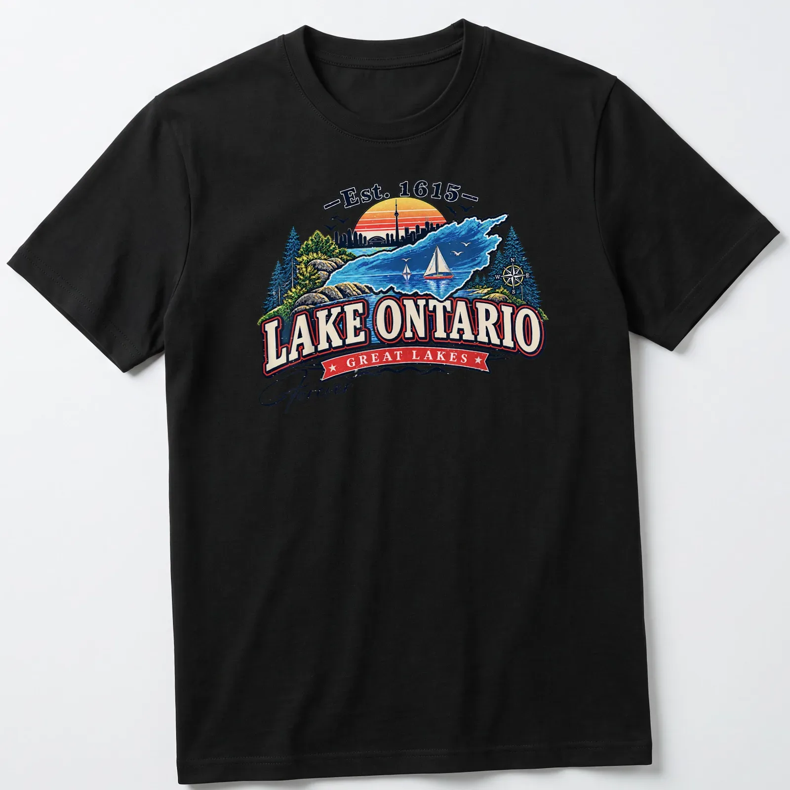 Vintage sunset Lake Ontario T-shirt with Est. 1615 text — printed on a unisex t-shirt
