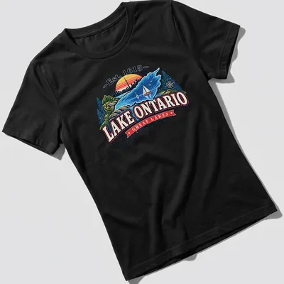 Vintage sunset Lake Ontario T-shirt with Est. 1615 text — printed on a women's shirt