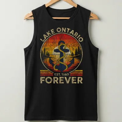 Vintage distressed shirt featuring an anchor and rope with Lake Ontario text — printed on a tank top