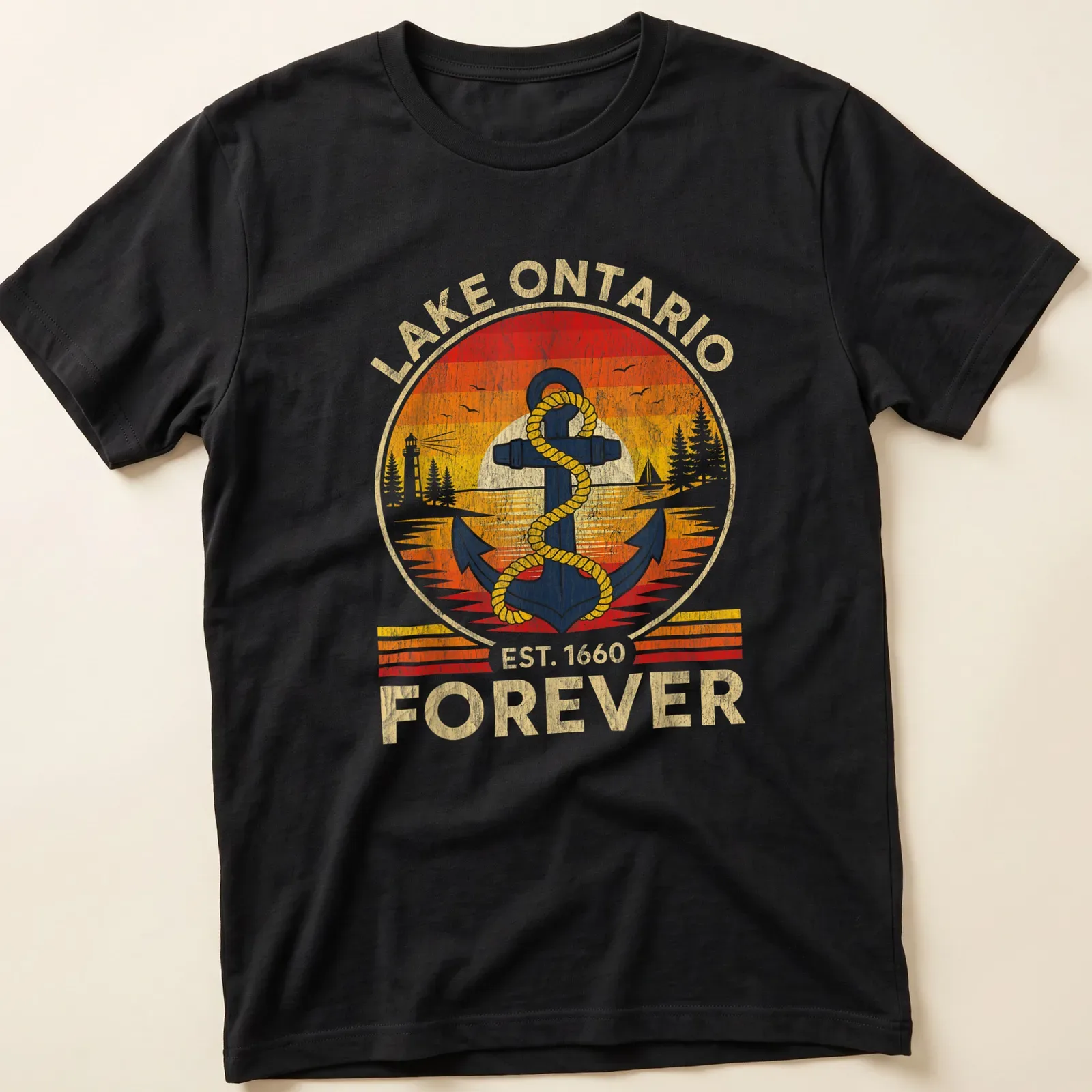 Vintage distressed shirt featuring an anchor and rope with Lake Ontario text — printed on a unisex t-shirt