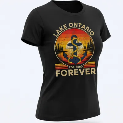 Vintage distressed shirt featuring an anchor and rope with Lake Ontario text — printed on a women's shirt