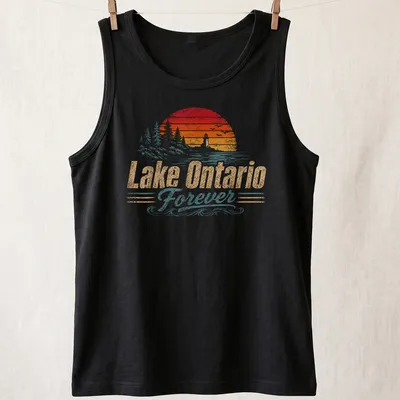 Vintage sunset lighthouse with Lake Ontario Forever text in a nostalgic style. — printed on a tank top