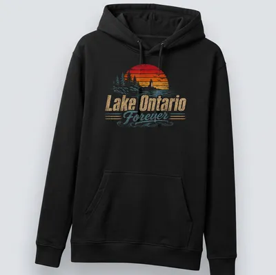 Vintage sunset lighthouse with Lake Ontario Forever text in a nostalgic style. — printed on a unisex hoodie