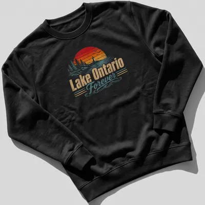 Vintage sunset lighthouse with Lake Ontario Forever text in a nostalgic style. — printed on a unisex sweatshirt