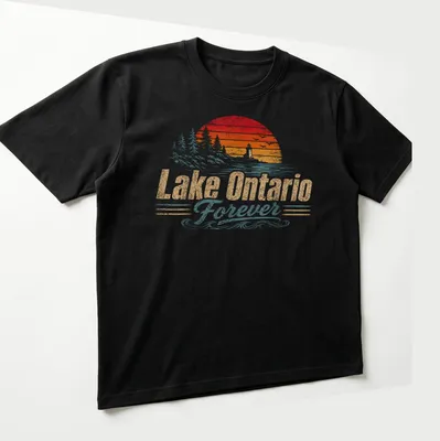 Vintage sunset lighthouse with Lake Ontario Forever text in a nostalgic style. — printed on a unisex t-shirt (angled view)