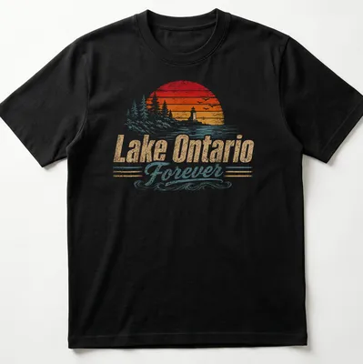 Vintage sunset lighthouse with Lake Ontario Forever text in a nostalgic style.