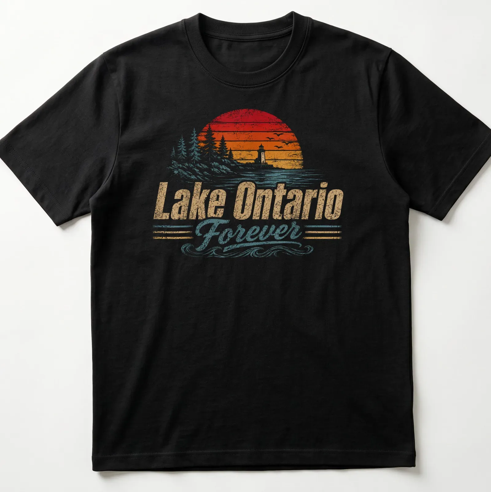 Vintage sunset lighthouse with Lake Ontario Forever text in a nostalgic style. — printed on a unisex t-shirt