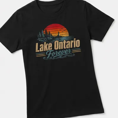 Vintage sunset lighthouse with Lake Ontario Forever text in a nostalgic style. — printed on a women's shirt