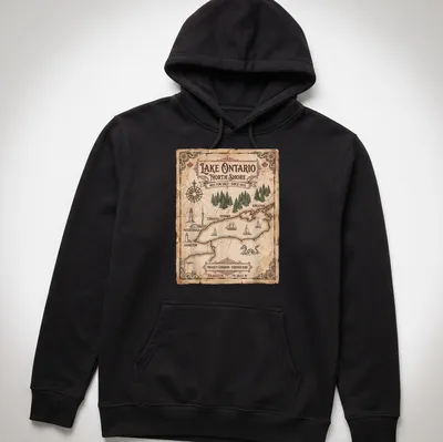 Vintage map design of Lake Ontario with proud Canadian text. — printed on a unisex hoodie