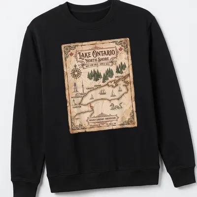 Vintage map design of Lake Ontario with proud Canadian text. — printed on a unisex sweatshirt