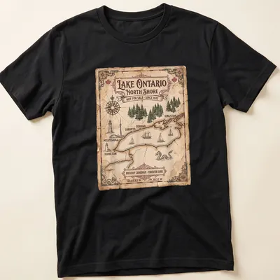 Vintage map design of Lake Ontario with proud Canadian text. — printed on a unisex t-shirt