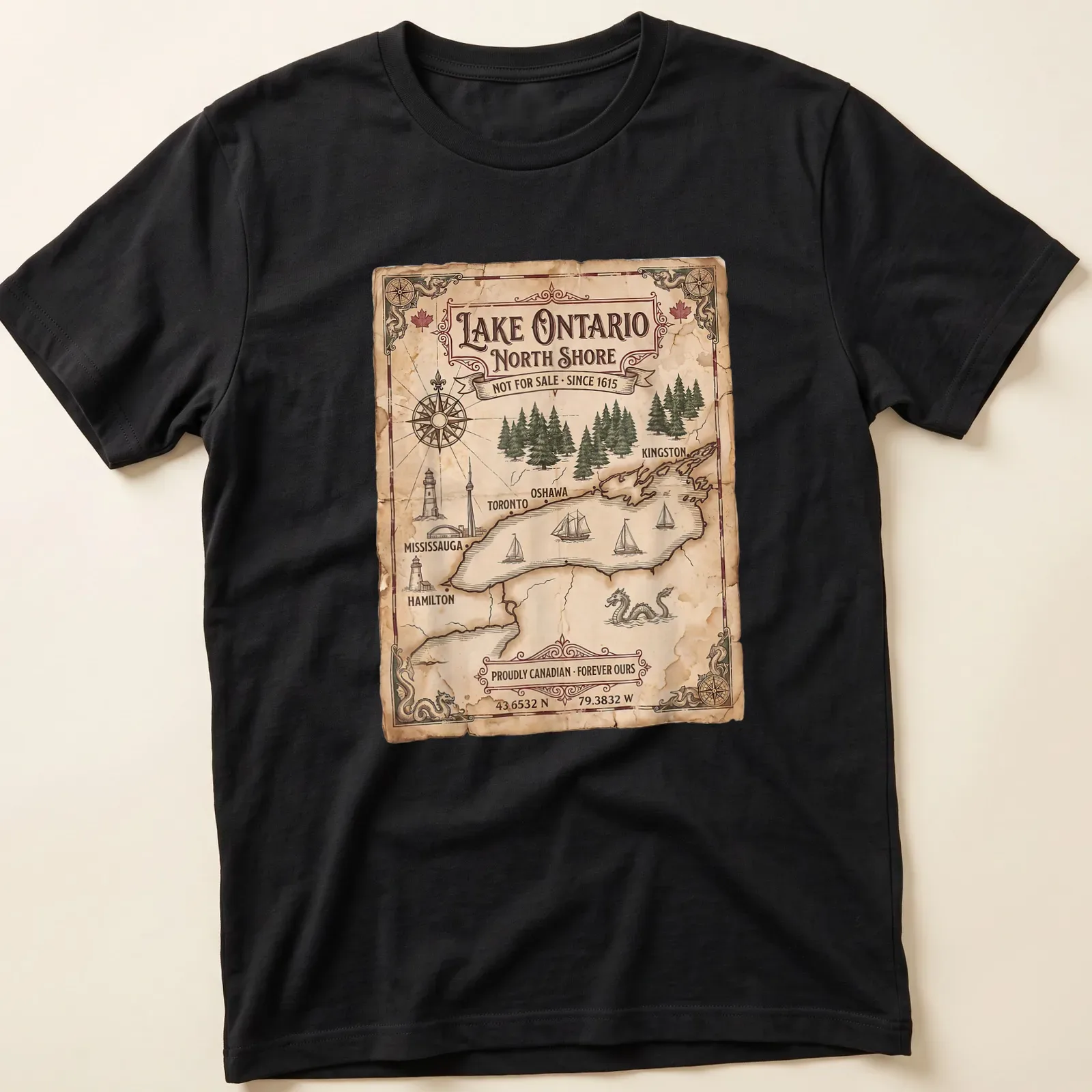 Vintage map design of Lake Ontario with proud Canadian text. — printed on a unisex t-shirt