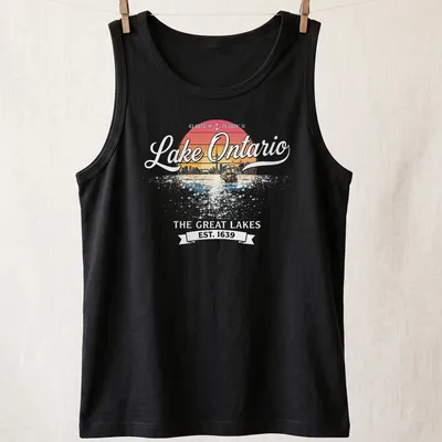 Retro sunset design with a sailing ship and city skyline, featuring Lake Ontario text. — printed on a tank top