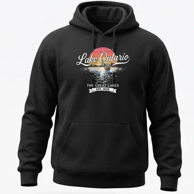 Retro sunset design with a sailing ship and city skyline, featuring Lake Ontario text. — printed on a unisex hoodie
