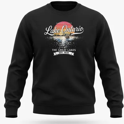 Retro sunset design with a sailing ship and city skyline, featuring Lake Ontario text. — printed on a unisex sweatshirt