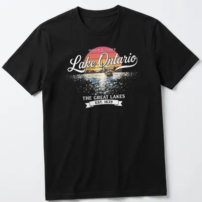 Retro sunset design with a sailing ship and city skyline, featuring Lake Ontario text. — printed on a unisex t-shirt
