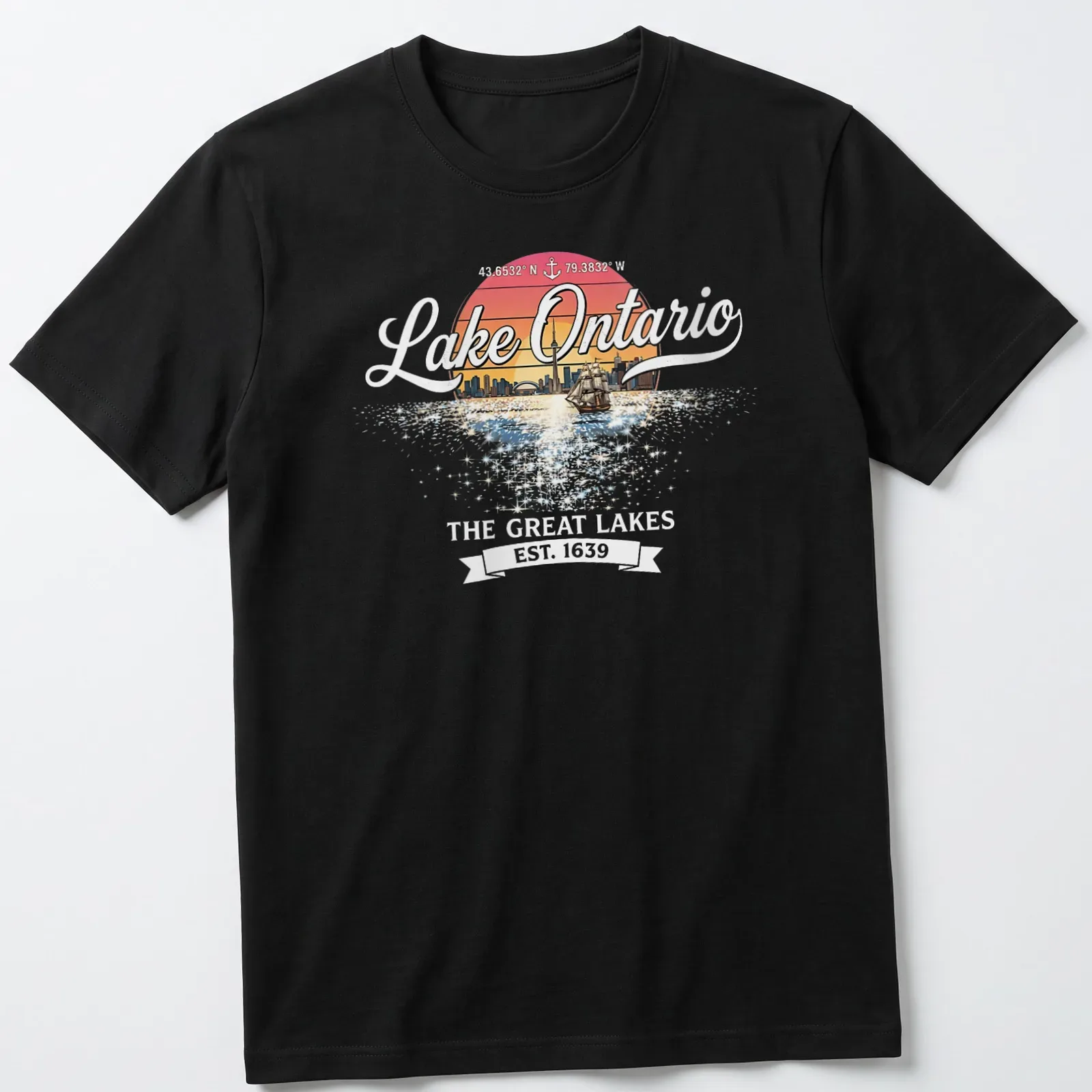 Retro sunset design with a sailing ship and city skyline, featuring Lake Ontario text. — printed on a unisex t-shirt