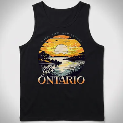 Retro sunset graphic featuring Lake Ontario with vibrant colors and text. — printed on a tank top