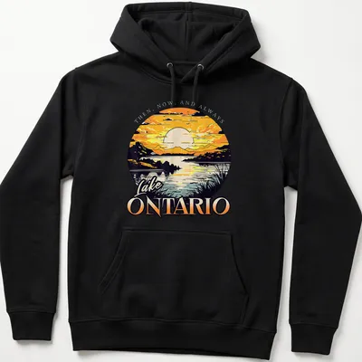 Retro sunset graphic featuring Lake Ontario with vibrant colors and text. — printed on a unisex hoodie