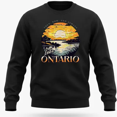 Retro sunset graphic featuring Lake Ontario with vibrant colors and text. — printed on a unisex sweatshirt